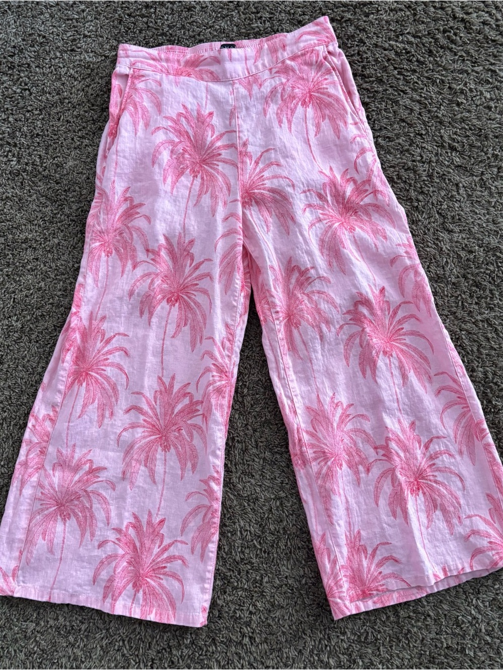 Tahari Pink Palm-Print Wide-Leg Linen Pants